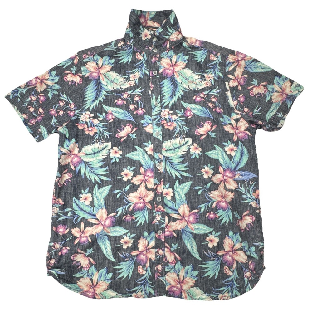 Denim & Flower Shirt Tropical Floral Print Slim Fit Large USA Short Sleeve Grey